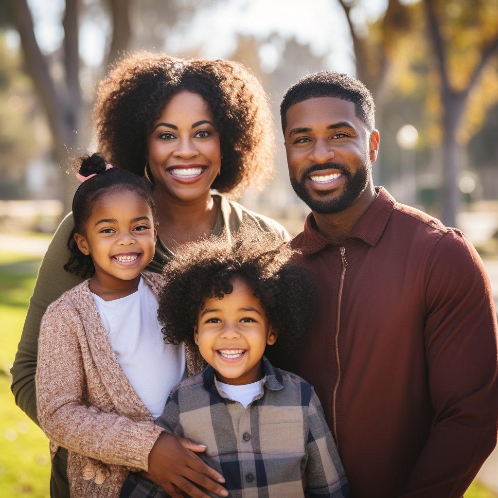 Black Family Smiling In Park